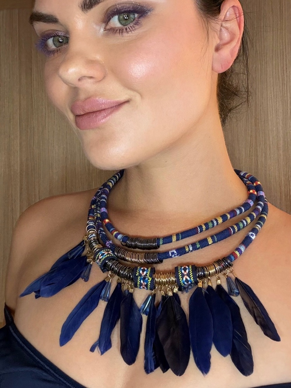 Handcrafted Navy Multi-Strand Feather Collar Necklace